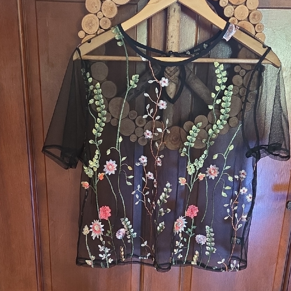 Iris Sheer Black Floral Embroidered Blouse